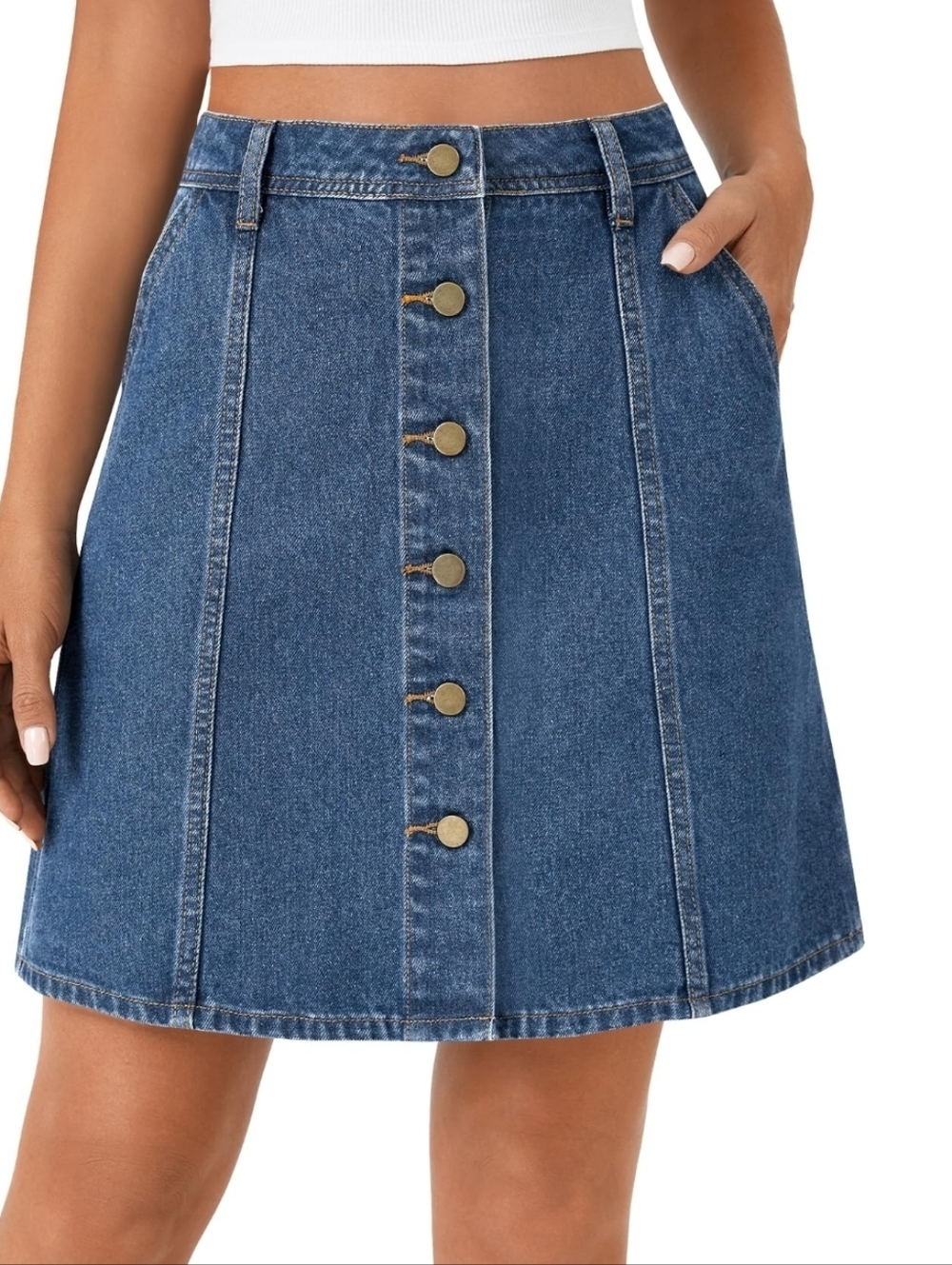 Rooscier Blue Denim Button-Front A-Line Skirt Boho Casual Work SZ Med High Waist